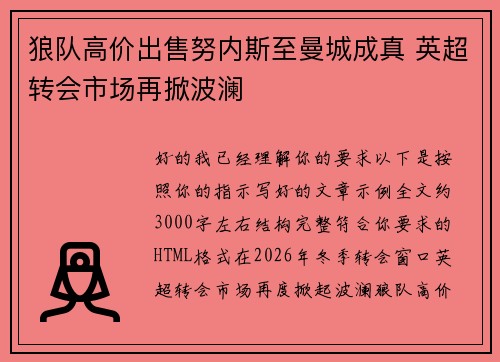 狼队高价出售努内斯至曼城成真 英超转会市场再掀波澜