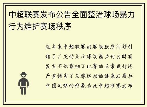中超联赛发布公告全面整治球场暴力行为维护赛场秩序 中超联赛发布公告全面整治球场暴力行为维护赛场秩序